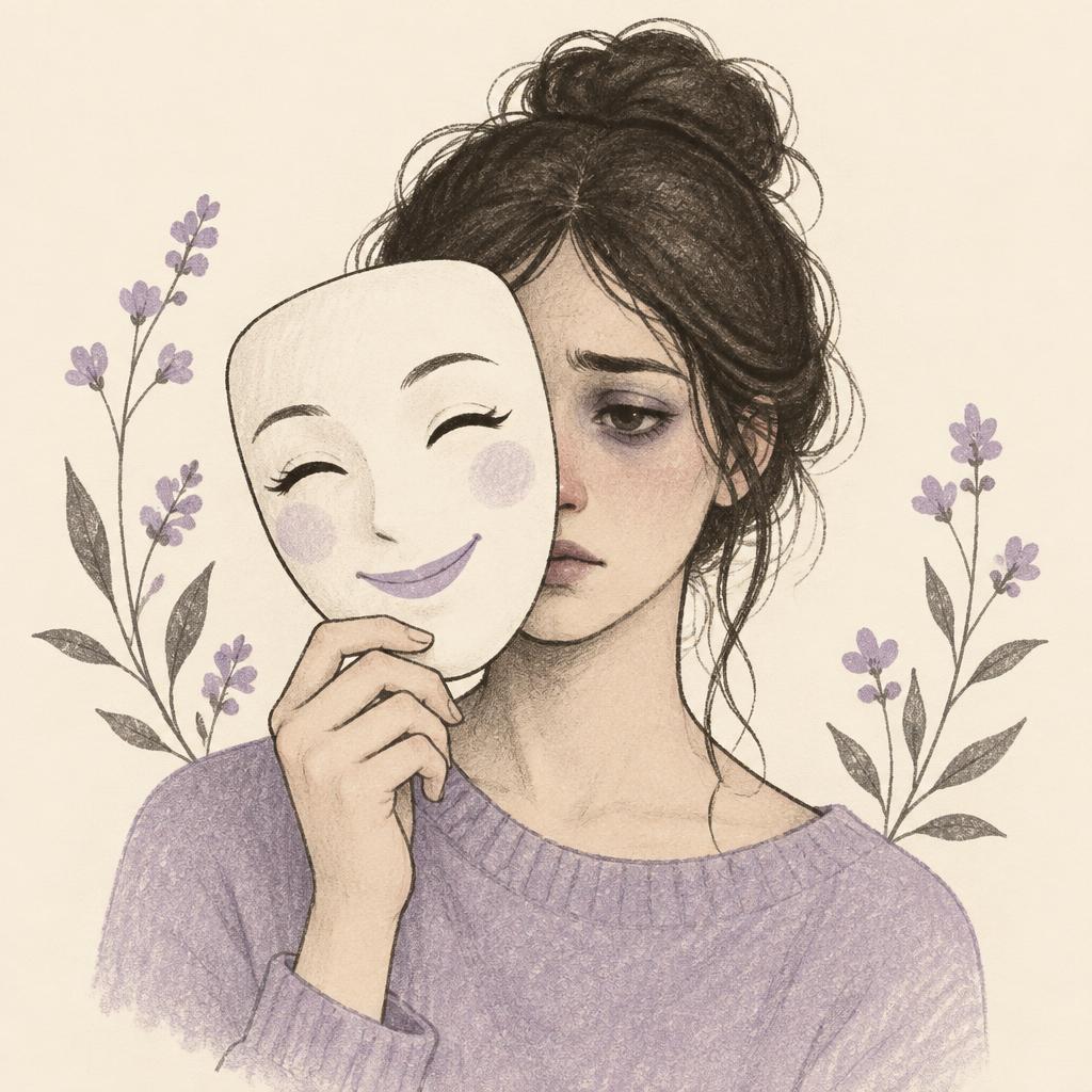Illustration of a smiling mask held over a tired face